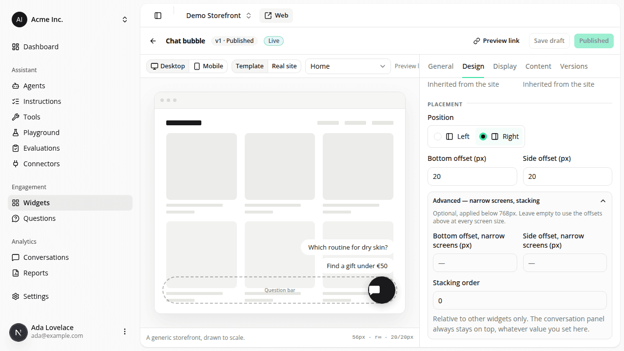 The launcher widget's Design tab, showing the Position field (Left/Right) and, in the expanded Advanced section, the Stacking order field.