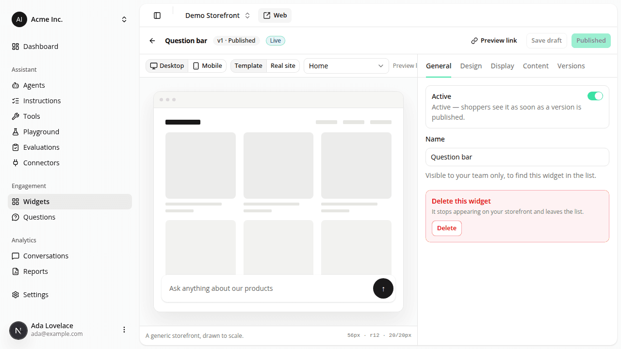 The Question bar widget's General tab, with the bar rendered centered at the bottom of the wireframe preview showing the placeholder text "Ask anything about our products".