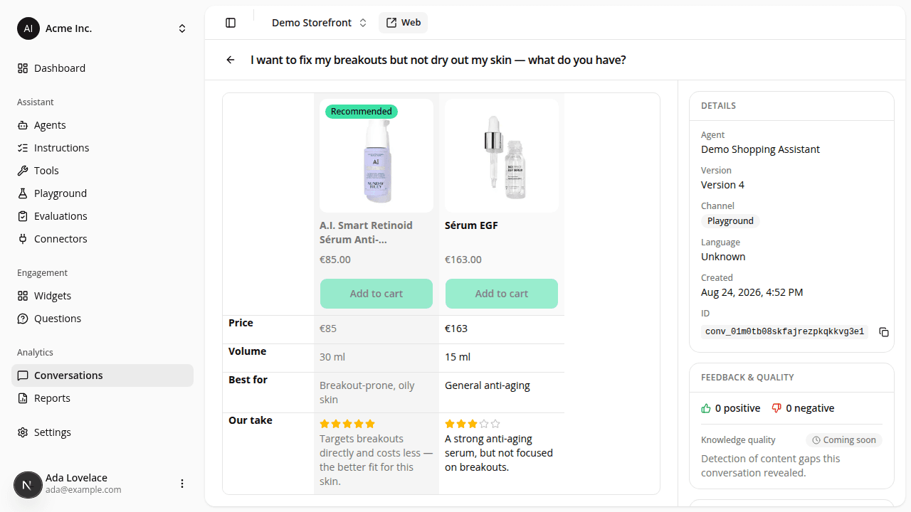 A two-product comparison in the conversation transcript, with each product's image, title, price and Add to cart button aligned on the same row, followed by Price, Volume, Best for and Our take rows.