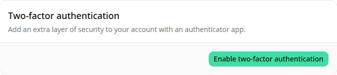 The new Two-factor authentication card, showing its description and an Enable two-factor authentication button.