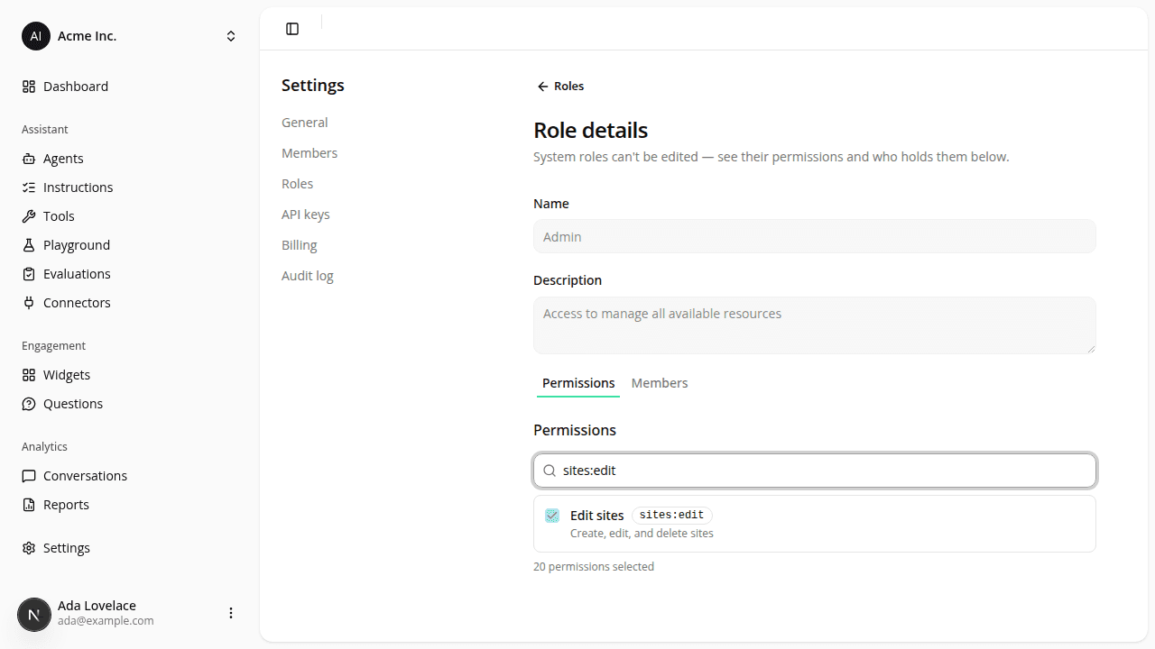 The Admin role's permissions list filtered to "sites:edit", showing the checked "Edit sites" permission and its "Create, edit, and delete sites" description.