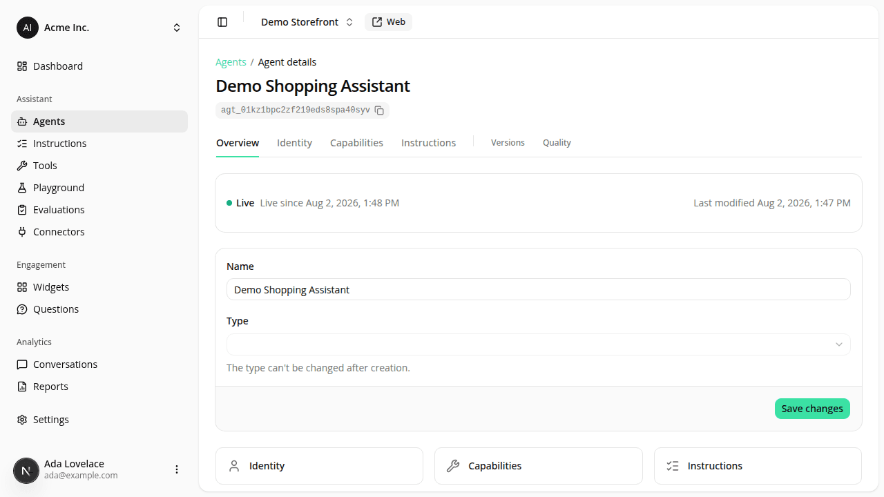 An agent's detail page showing the new Overview tab, with Overview, Identity, Capabilities, and Instructions as primary tabs and Versions, Quality set apart after a divider, above a live-status card with a Playground shortcut and quick-link cards into Identity, Capabilities, and Instructions showing each section's live facts.