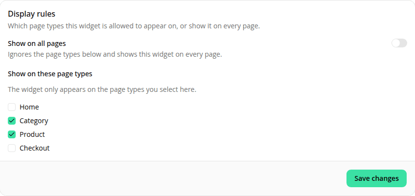 A widget's Display rules card, with the Show on all pages switch turned off above the Show on these page types checklist where Category and Product are checked.