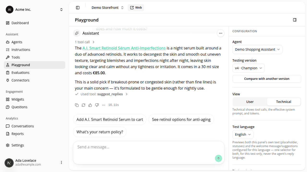 An assistant reply about a serum's price and benefits, followed by three tappable quick-reply chips (Add A.I. Smart Retinoid Serum to cart, See retinol options for anti-aging, and What's your return policy?)
