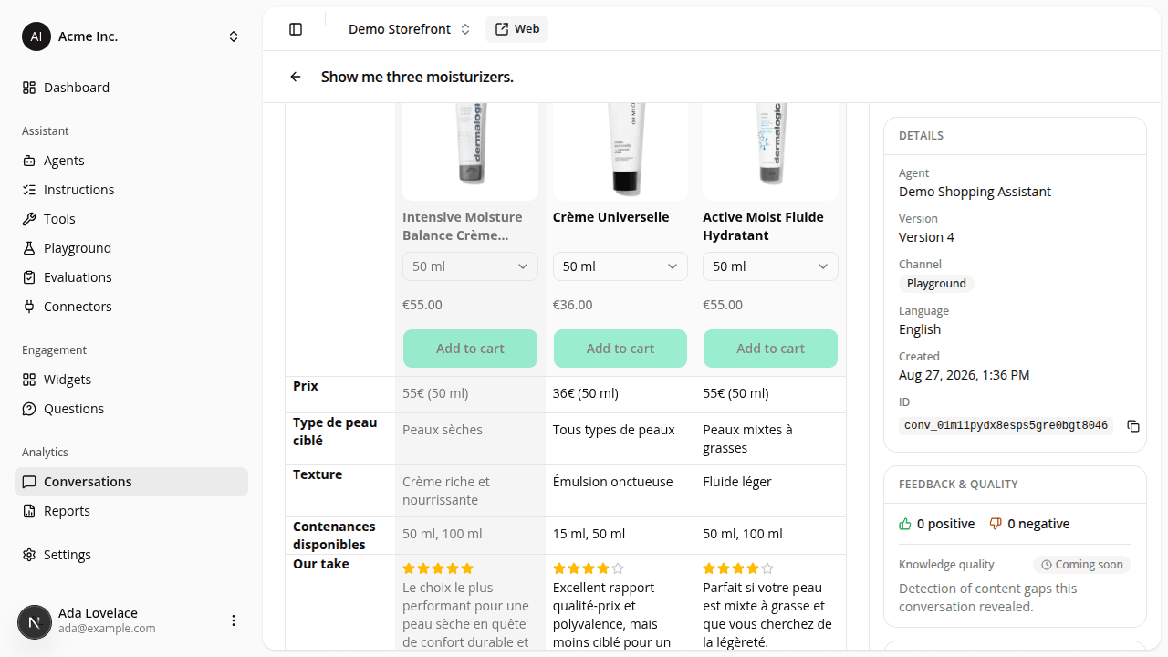 A three-product comparison table filling the panel width, with no scroll arrows.