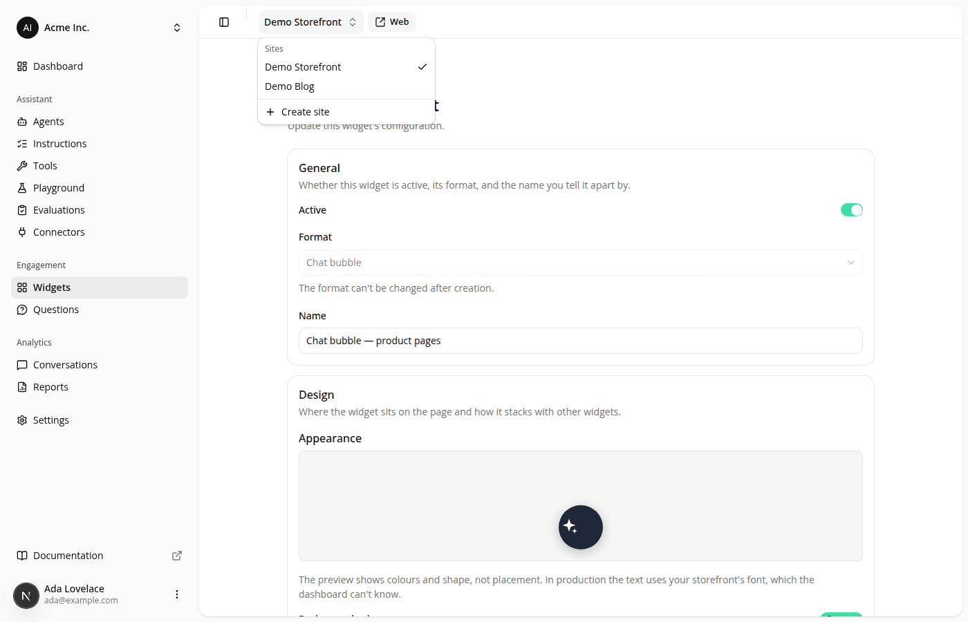 The store switcher open over an engagement widget detail page, listing Demo Storefront (current) and Demo Blog.