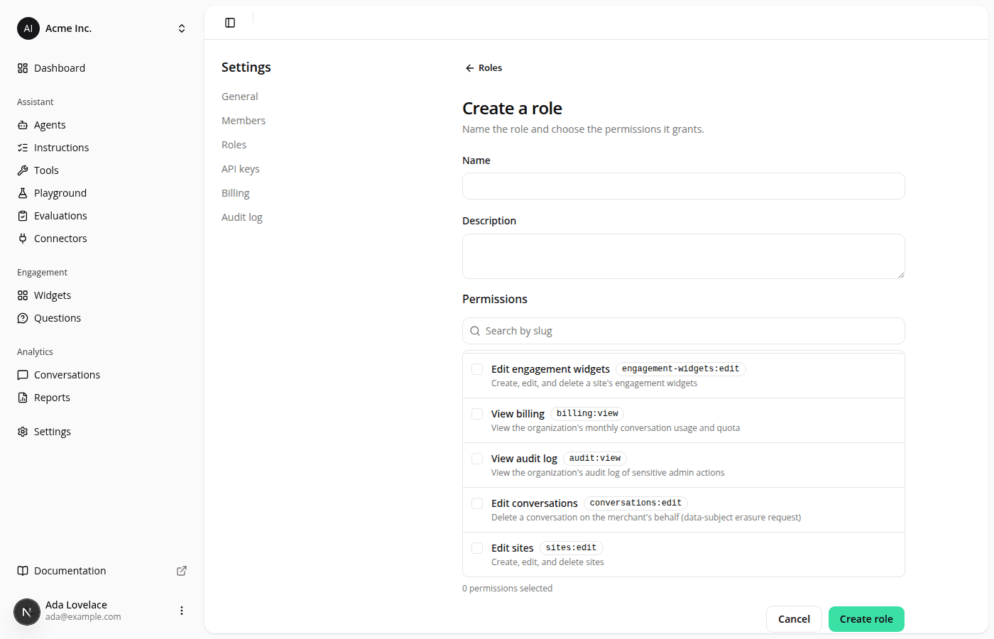 The Create a role page with its permission list scrolled to the bottom, where Edit conversations (conversations:edit) and Edit sites (sites:edit) now appear as the last two entries.