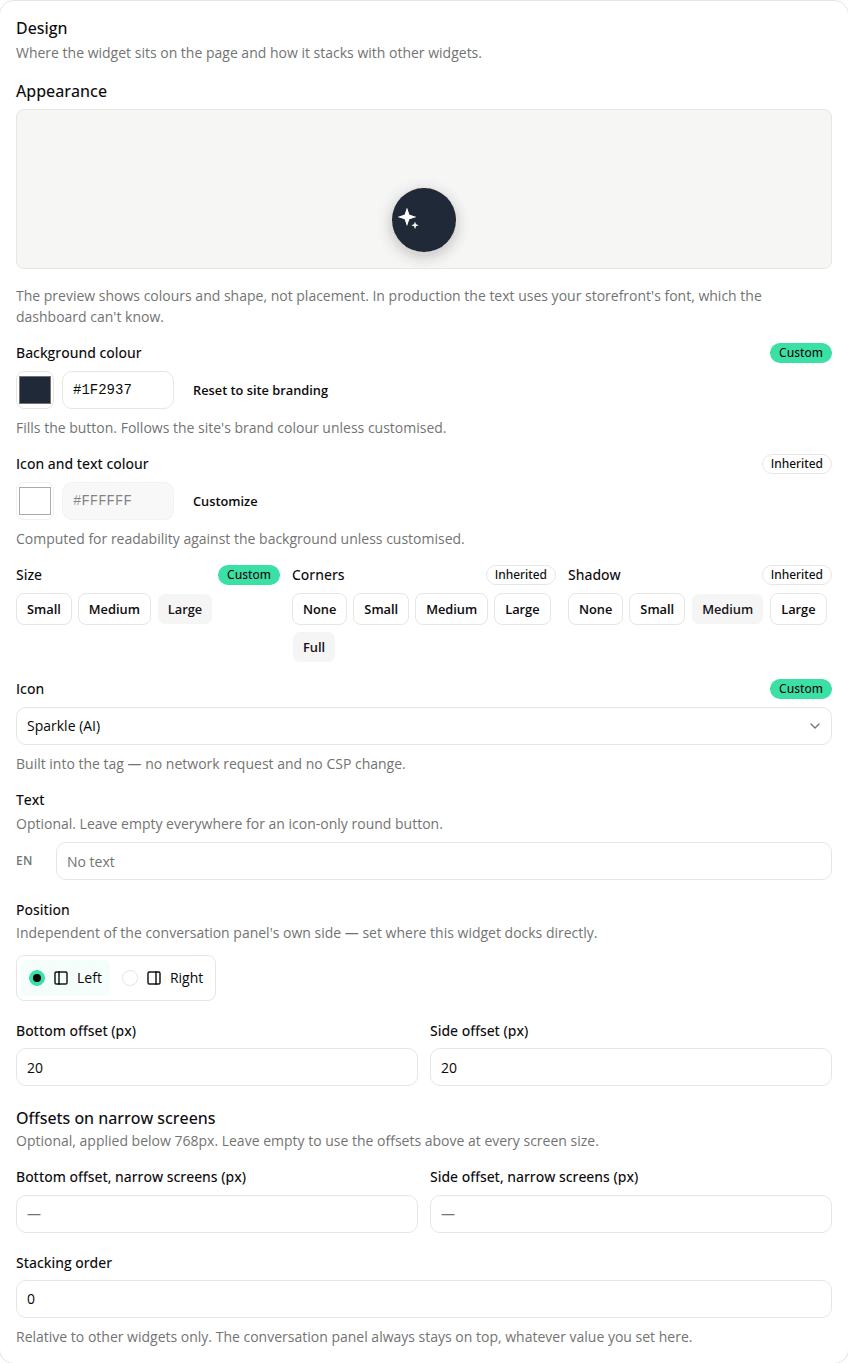 A launcher widget's Design card, showing the live preview above the new Background colour, Icon and text colour, Size, Corners, Shadow, Icon and Text fields, with each colour and scale marked either Custom or Inherited.