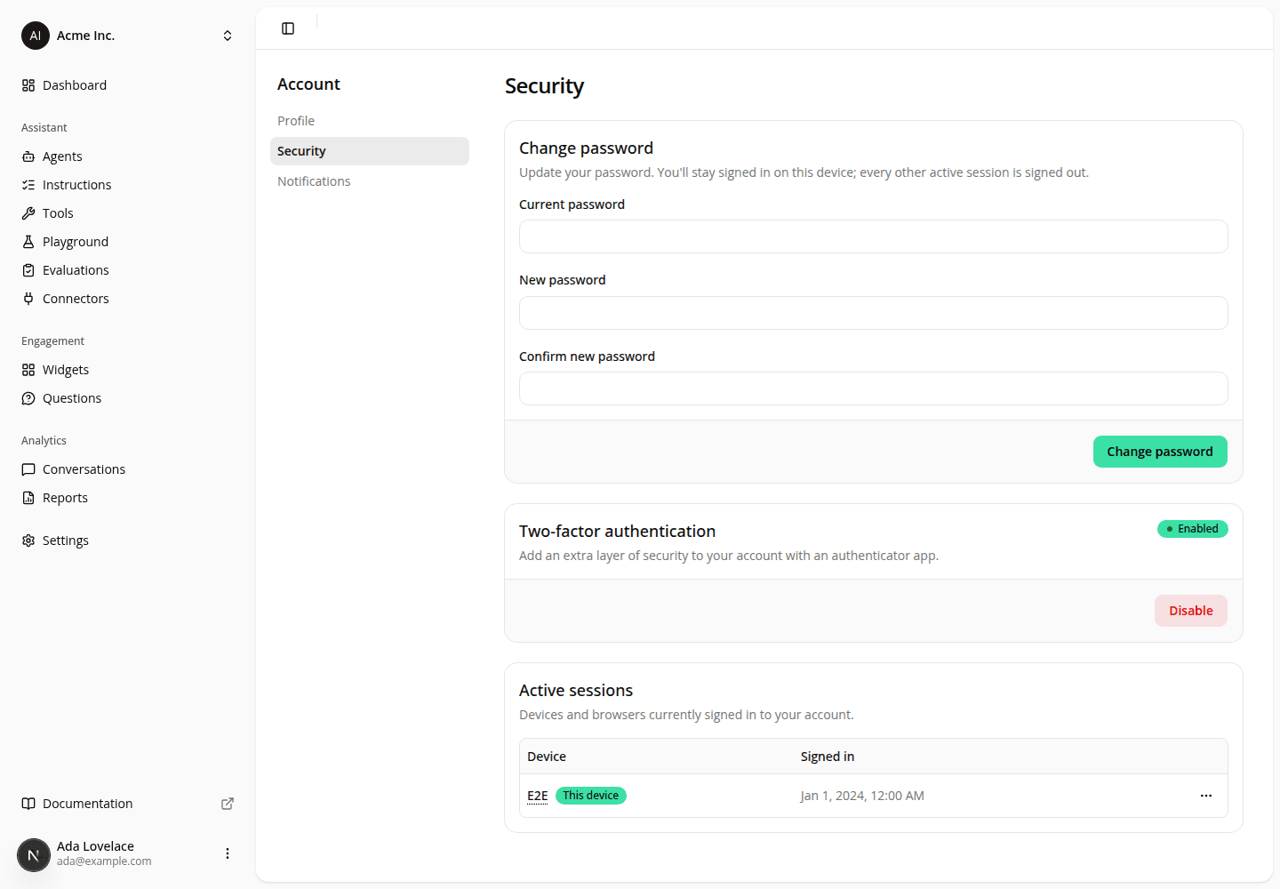 The account Security page with two-factor authentication showing an "Enabled" badge and a Disable button in its card, above an Active sessions table listing the current device.