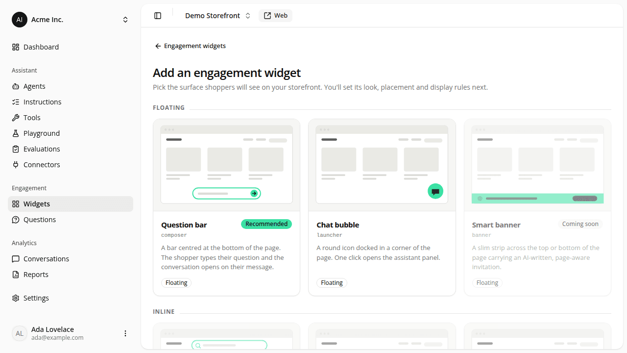 The Add an engagement widget page showing the Floating section: three cards, each with a wireframe of a storefront page (Question bar tagged Recommended, Chat bubble, and a greyed-out Smart banner tagged Coming soon), with the Inline section starting below.