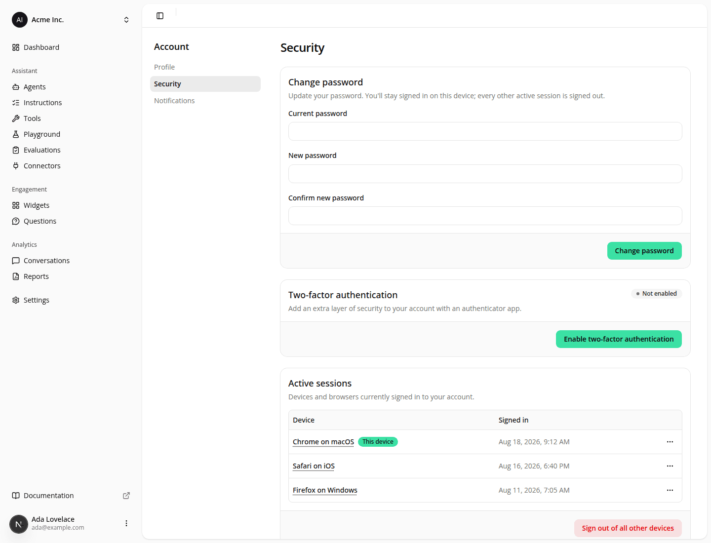 The account Security page with the Change password card at the top and an Active sessions table listing three signed-in devices (Chrome on macOS marked "This device", Safari on iOS and Firefox on Windows) above a "Sign out of all other devices" button.