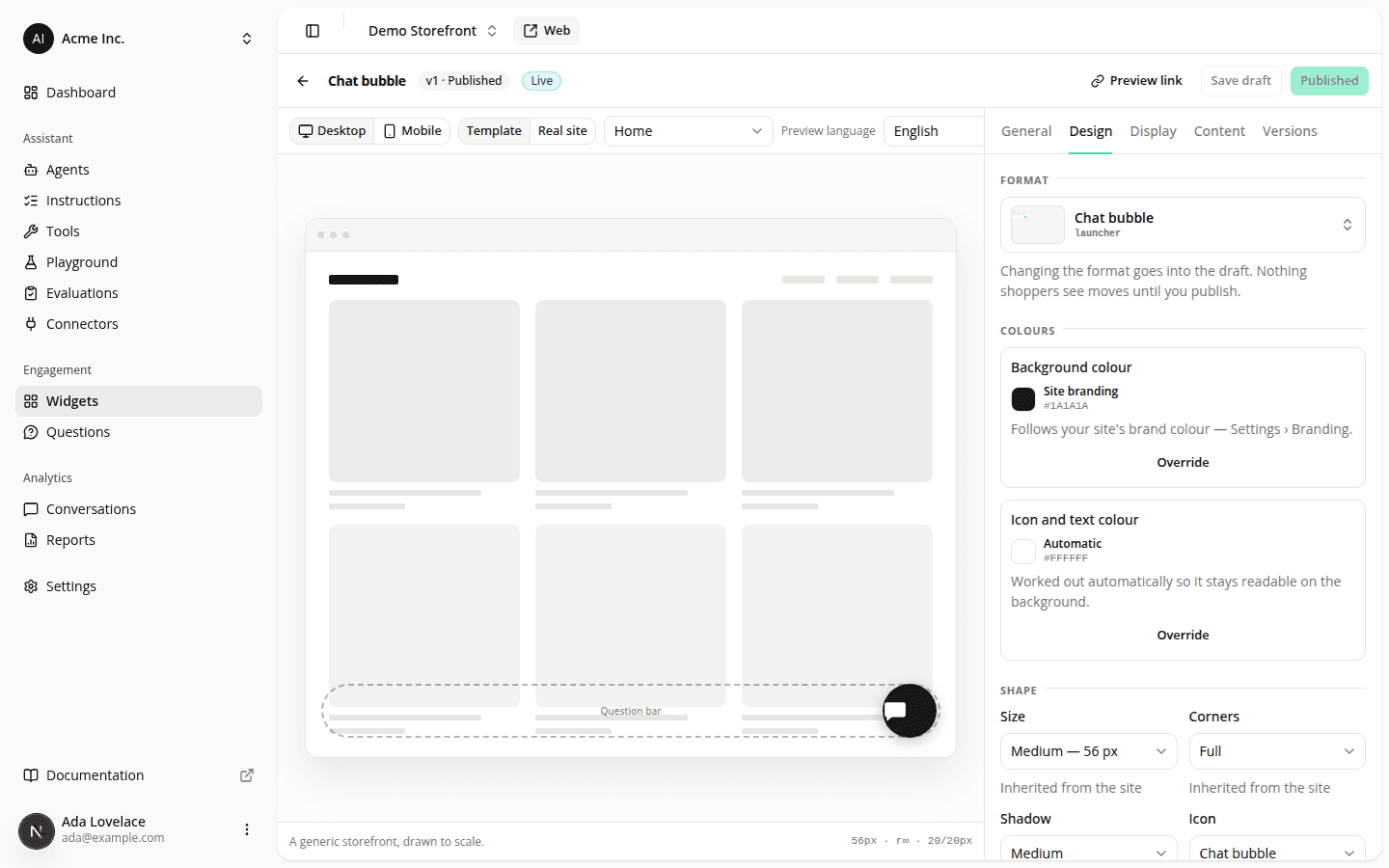The engagement widget editor for a widget named "Chat bubble", as a two-column workshop. The action bar reads "Chat bubble", a "v1 · Published" version badge, a "Live" pill, and the actions Preview link, Save draft and Published. The left column previews the widget on a wireframe storefront, drawn to scale, with the site's other live "Question bar" widget shown as a dashed outline and the resolved geometry "56px · r∞ · 20/20px" in the footer; above it, controls for Desktop or Mobile, Template or Real site, the simulated page type "Home", and the preview language "English". The right panel shows the Design tab of five (General, Design, Display, Content, Versions), with Format at the top ("Chat bubble, launcher", noting that changing it goes into the draft), then Background colour following "Site branding #1A1A1A", Icon and text colour "Automatic #FFFFFF", and Size set to Medium, 56 px, and Corners "Full", each marked "Inherited from the site".