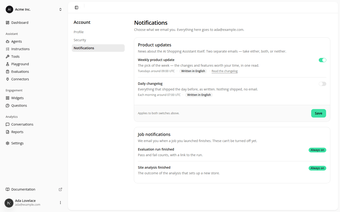 The account Notifications page, with Notifications selected in the Account panel, a Product updates card holding the Weekly product update switch turned on and the Daily changelog switch off above a Save button, and the read-only "Job notifications" card below it listing two always-on emails.