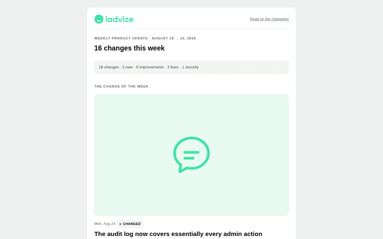 The top of the redesigned weekly product update email, showing the iAdvize header, the change count and summary bar, and the start of "The change of the week" section.