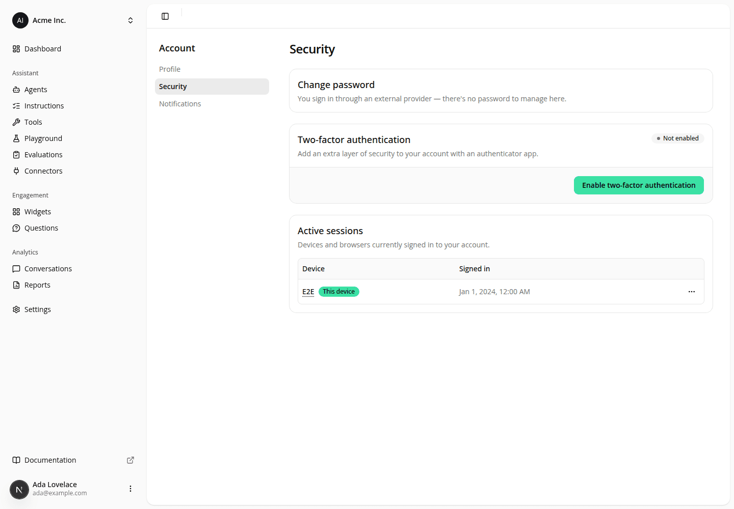 The account Security page on a session signed in through an external provider, where the Change password card states there is no password to manage here while the Two-factor authentication card below it offers an "Enable two-factor authentication" button.