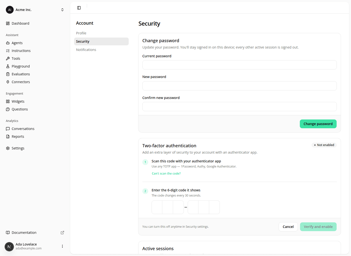 The account Security page with the Change password card and its three fields above the Two-factor authentication card mid-enrollment, showing the 6-digit code field as two groups of three boxes separated by a dash.
