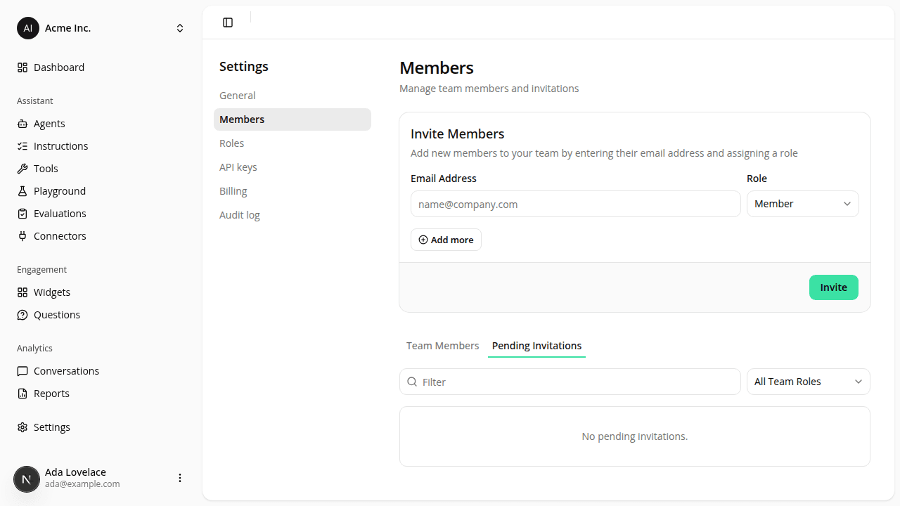 The Members settings page's Pending Invitations tab, empty in this dev environment; a real invitation shows here as a row with Resend and Revoke actions.