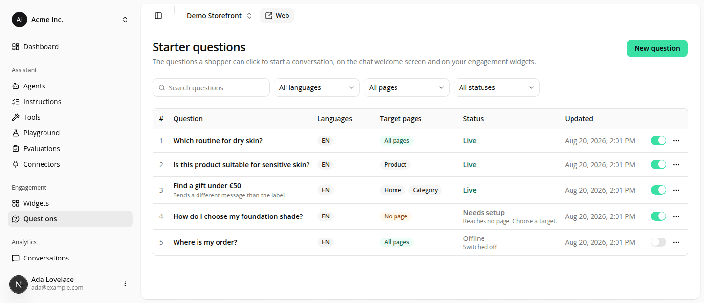 The Starter questions page for a site, with a New question button beside the title, a search box and language, page and status filters, and a table of five questions numbered 1 to 5. Each row shows the question, an EN language badge, its target pages (All pages, Product, or Home and Category), a status, when it was updated, and a live switch. Three rows read Live, one reads Needs setup with "Reaches no page. Choose a target." and the last reads Offline with its switch turned off.