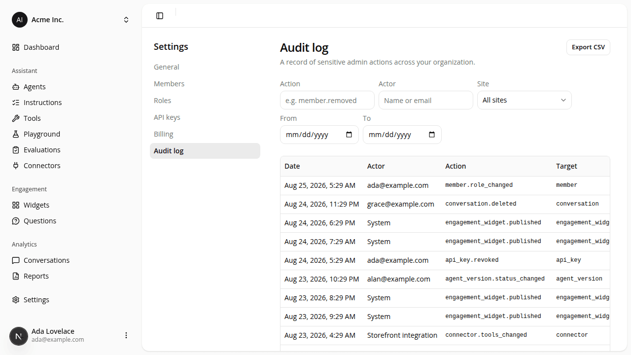 The Audit log page showing a table of entries spanning many action types (member.role_changed, conversation.deleted, engagement_widget.published, api_key.revoked, agent_version.status_changed, and connector.tools_changed).