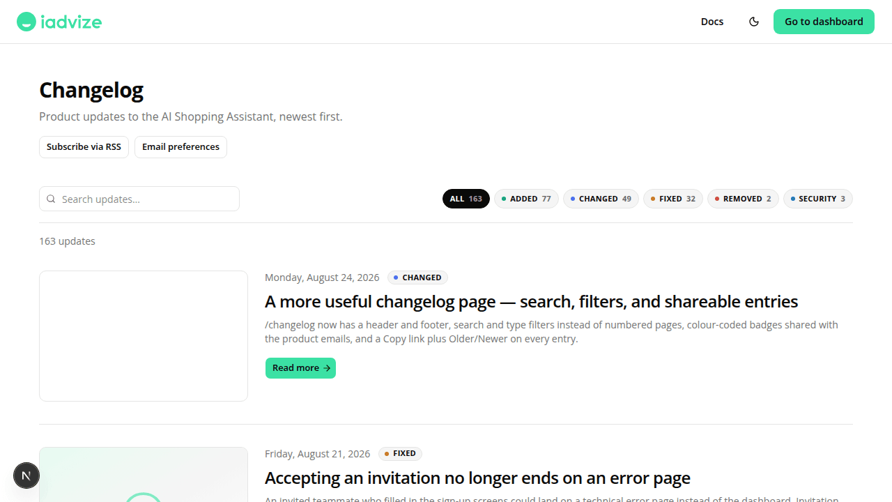 The redesigned /changelog page, showing the site header with a Docs link and dashboard button, a Changelog heading with Subscribe via RSS and Email preferences buttons, a search box, a row of colour-coded type filter chips (Added, Changed, Fixed, Removed, Security, Deprecated), and the top two changelog entries with their screenshots.