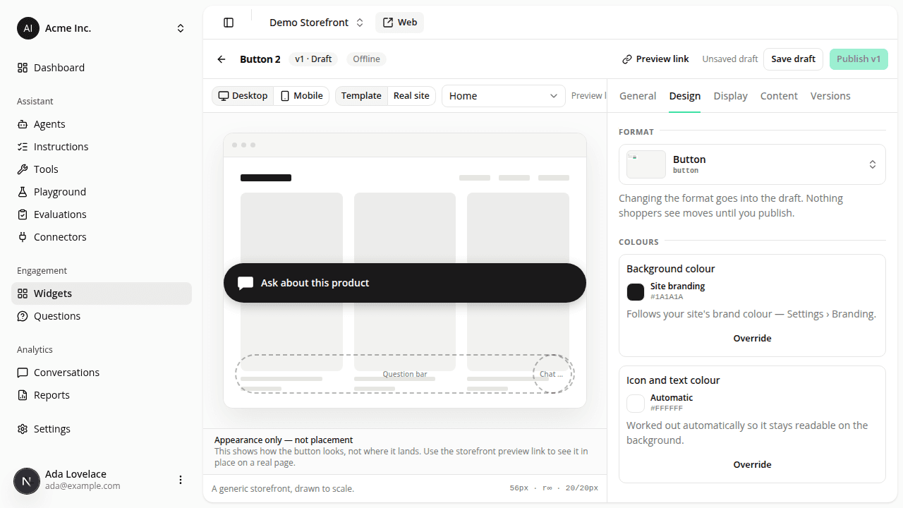 The Button widget's Design tab, with a black pill button reading "Ask about this product" centered in the wireframe preview and a notice that the preview shows appearance, not placement.