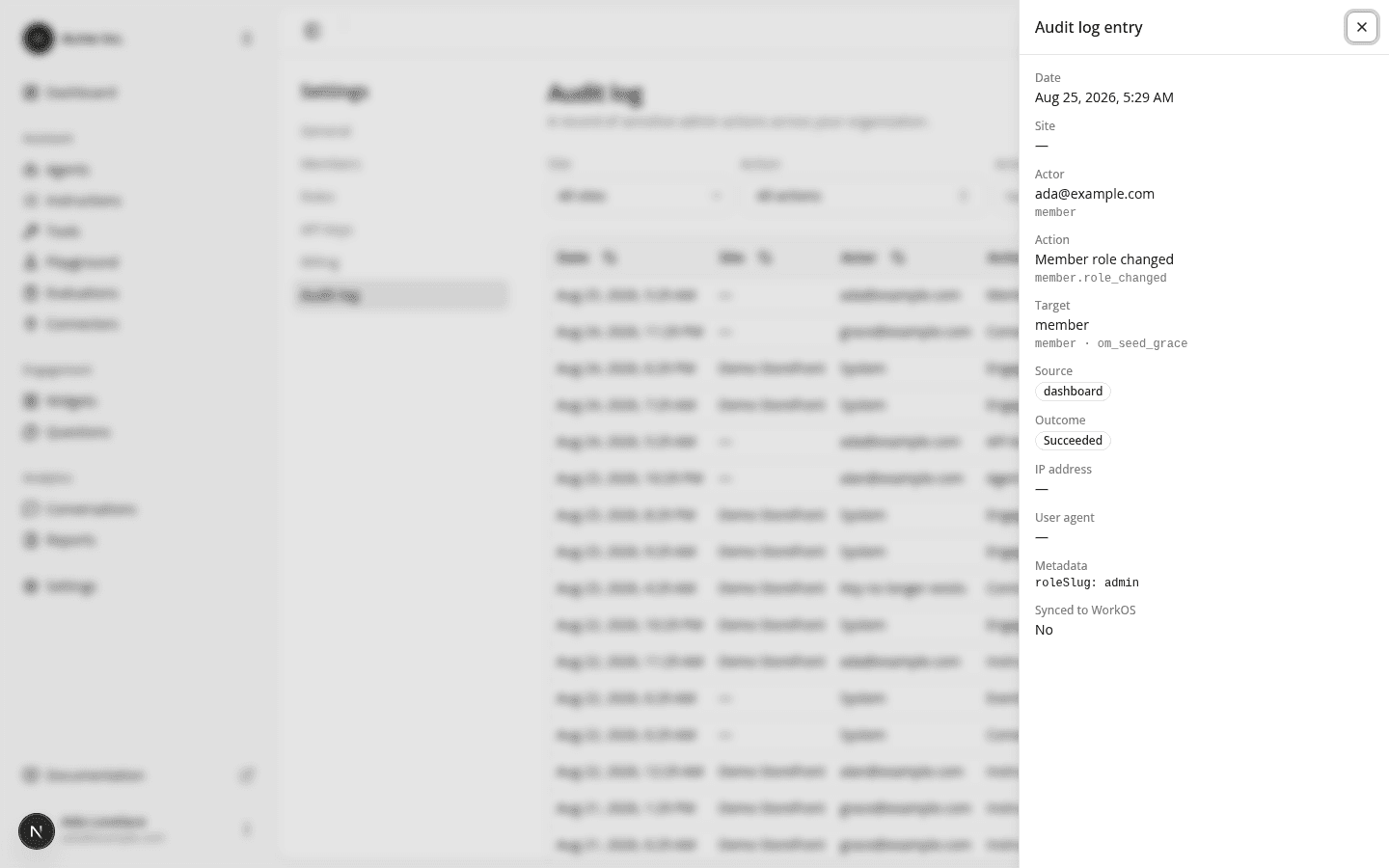 The Audit log page with Date, Site, Actor, Action, Target and Source columns, a filter bar led by the Site filter, and a detail panel open on the right showing an entry's full fields including Outcome, IP address, User agent, and Metadata.