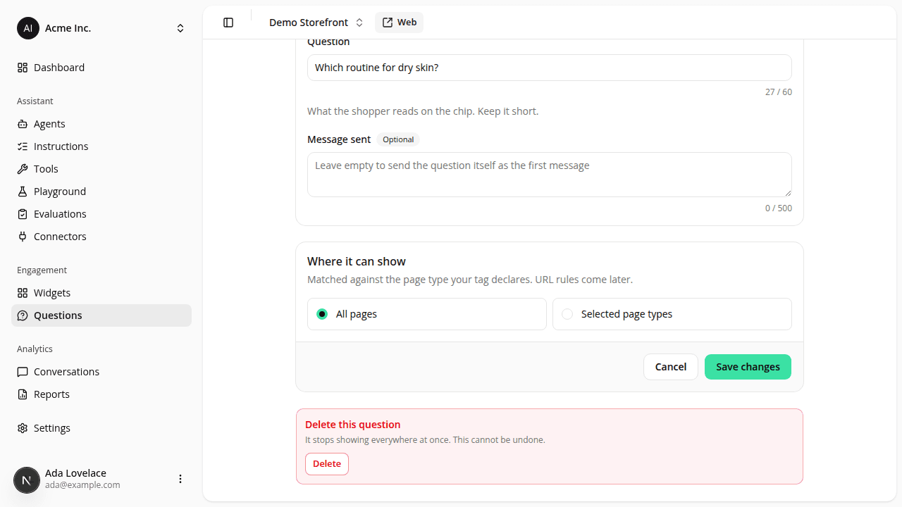 The bottom of a starter question's own edit page, showing the end of its Message sent field, a Where it can show card with All pages selected, a Save changes button, and below it a red-bordered Delete this question section reading "It stops showing everywhere at once. This cannot be undone." with a Delete button.