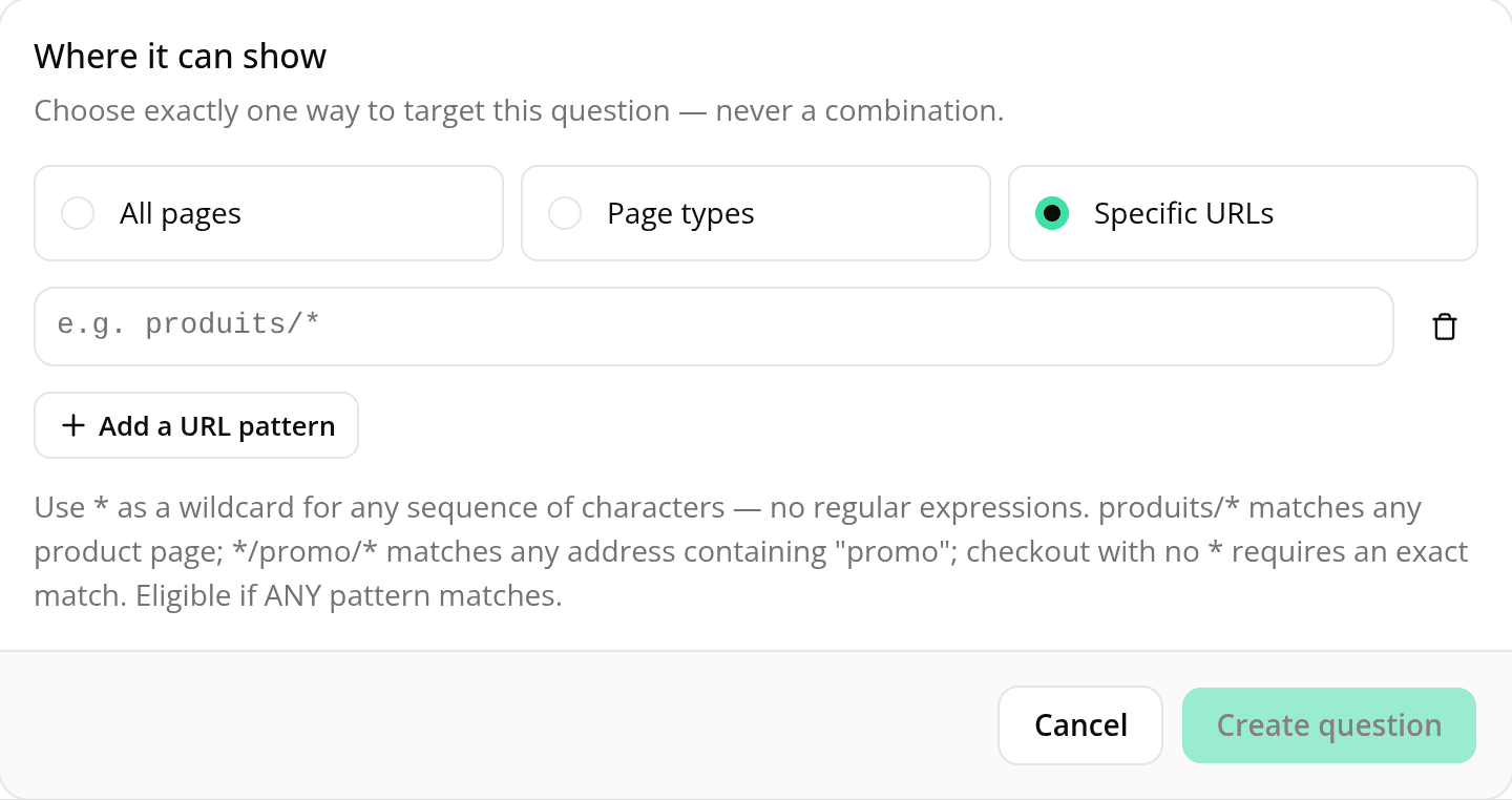 The "Where it can show" card on a starter question's edit page, with a three-way radio picker (All pages, Page types, Specific URLs) set to Specific URLs, an empty pattern field showing the placeholder "e.g. produits/*", an Add a URL pattern button, and a hint explaining the wildcard syntax with examples.