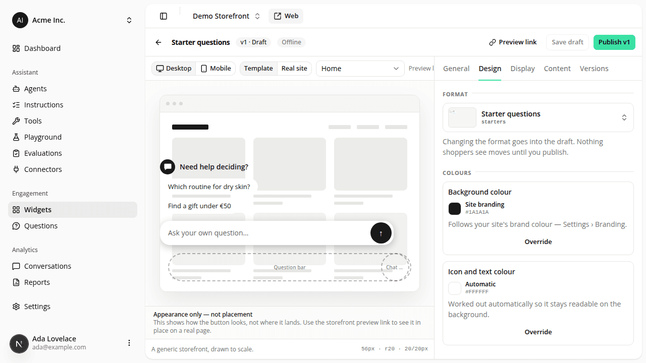 The Starters widget's Design tab, showing a heading "Need help deciding?" with an icon, up to three question chips, and a free-text field with a send arrow, centered in the wireframe preview.