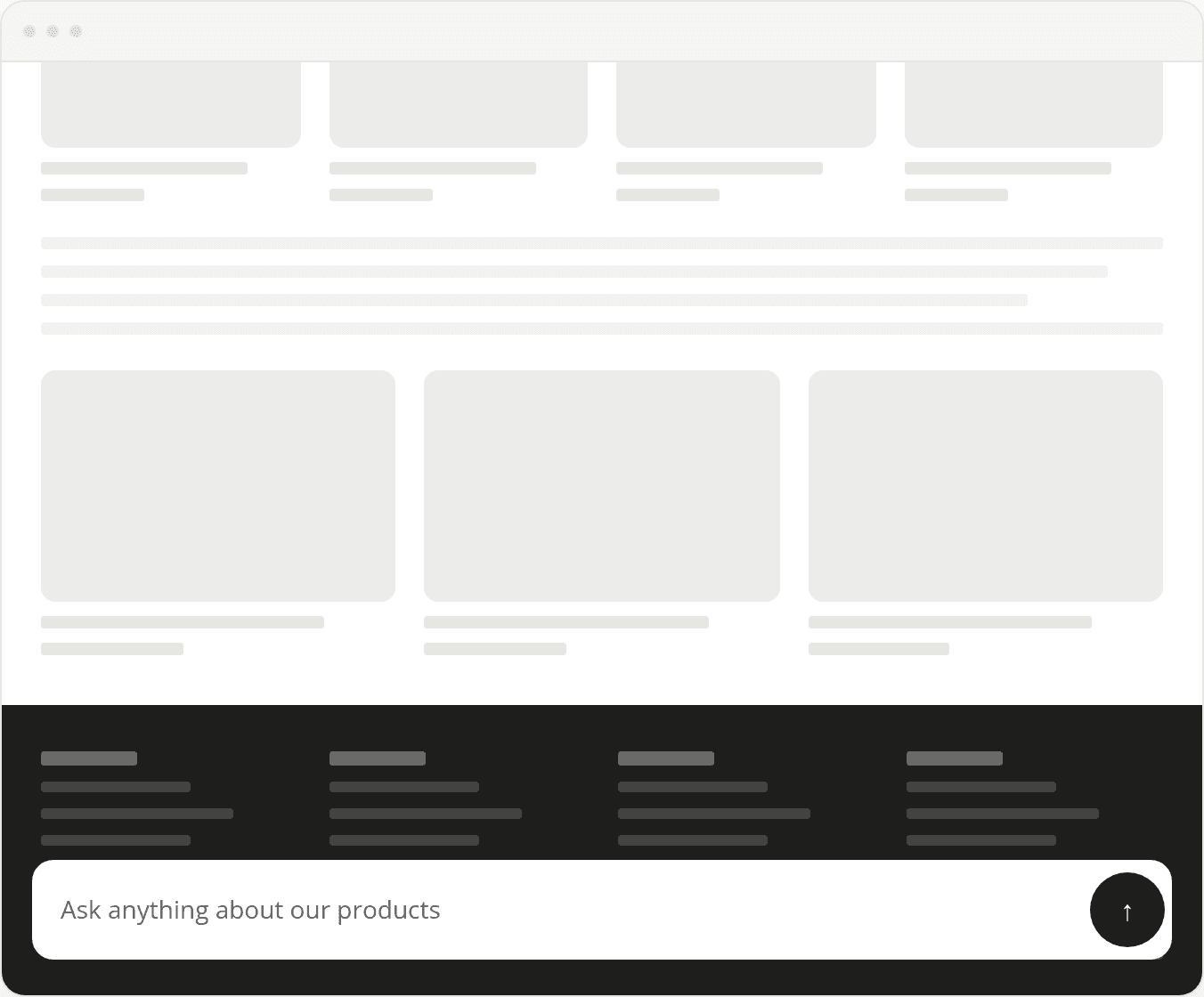 The Question bar's preview scene scrolled to the bottom of a home-page wireframe, with the question bar's "Ask anything about our products" field pinned over the footer.