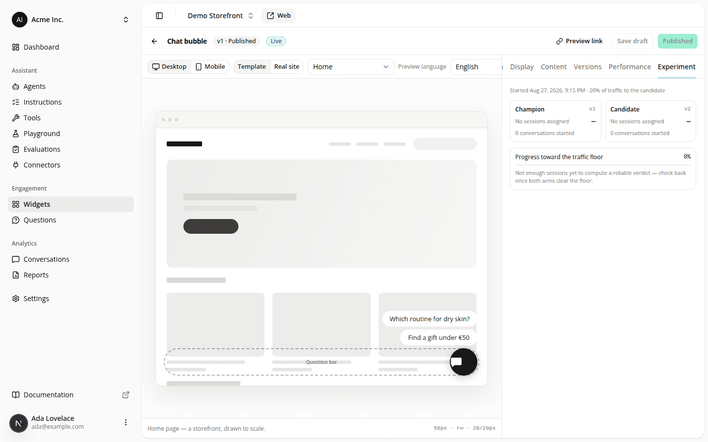 A widget's new Experiment tab mid-test, showing the champion and candidate versions side by side with their assigned sessions and a progress bar toward the traffic floor.