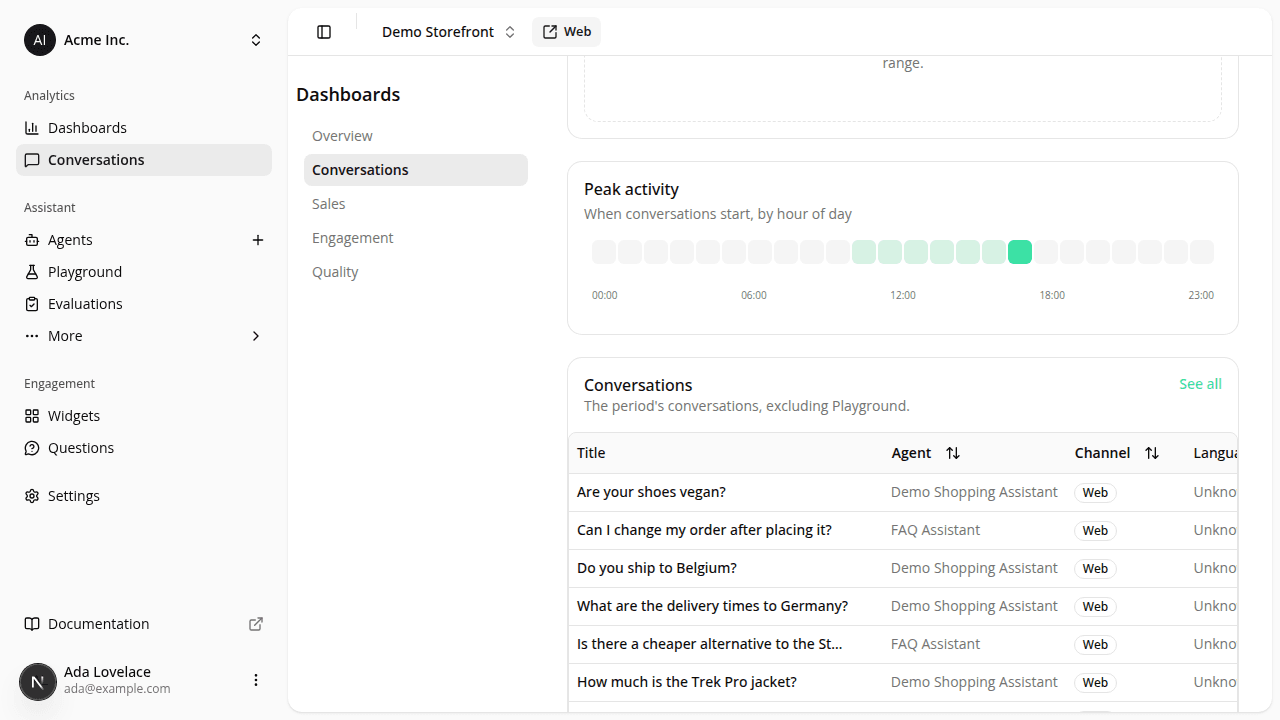 The Conversations report's Dashboards sub-navigation (Overview, Conversations, Sales, Engagement, Quality) beside the report's new "Conversations" detail list, showing individual conversation rows and a "See all" link.