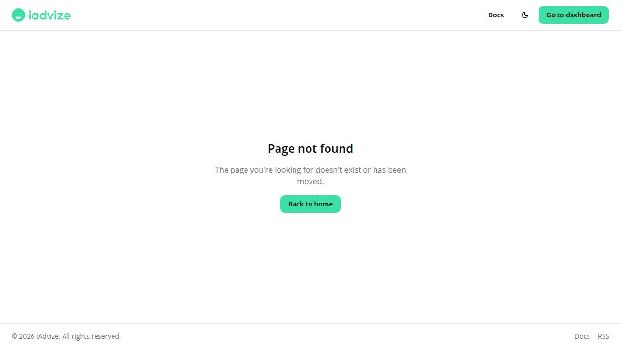 The new not-found page, shown inside the site header and footer, with a centered "Page not found" heading, a short explanation, and a "Back to home" button.