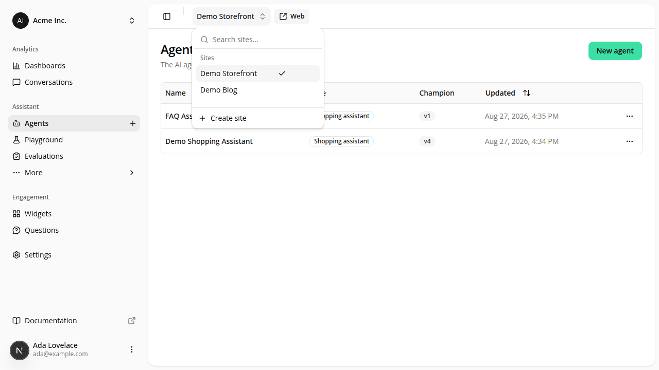 The dashboard header's site switcher open, showing a "Search sites…" search box above the list of sites (Demo Storefront, checked, and Demo Blog) and a "Create site" action below.