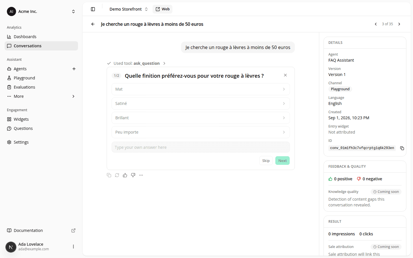 A conversation detail page with Previous and Next arrows in the header next to the back link and title, showing a "3 of 35" position count.
