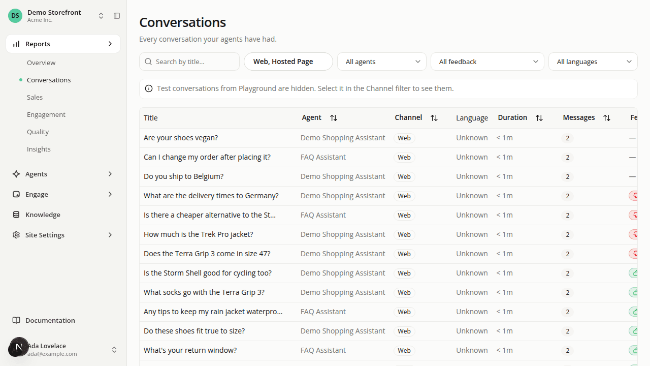 The Conversations grid, showing the Reports sidebar section (Overview, Conversations, Sales, Engagement, Quality, Insights), the Channel filter set to "Web, Hosted Page", and a notice reading "Test conversations from Playground are hidden. Select it in the Channel filter to see them."