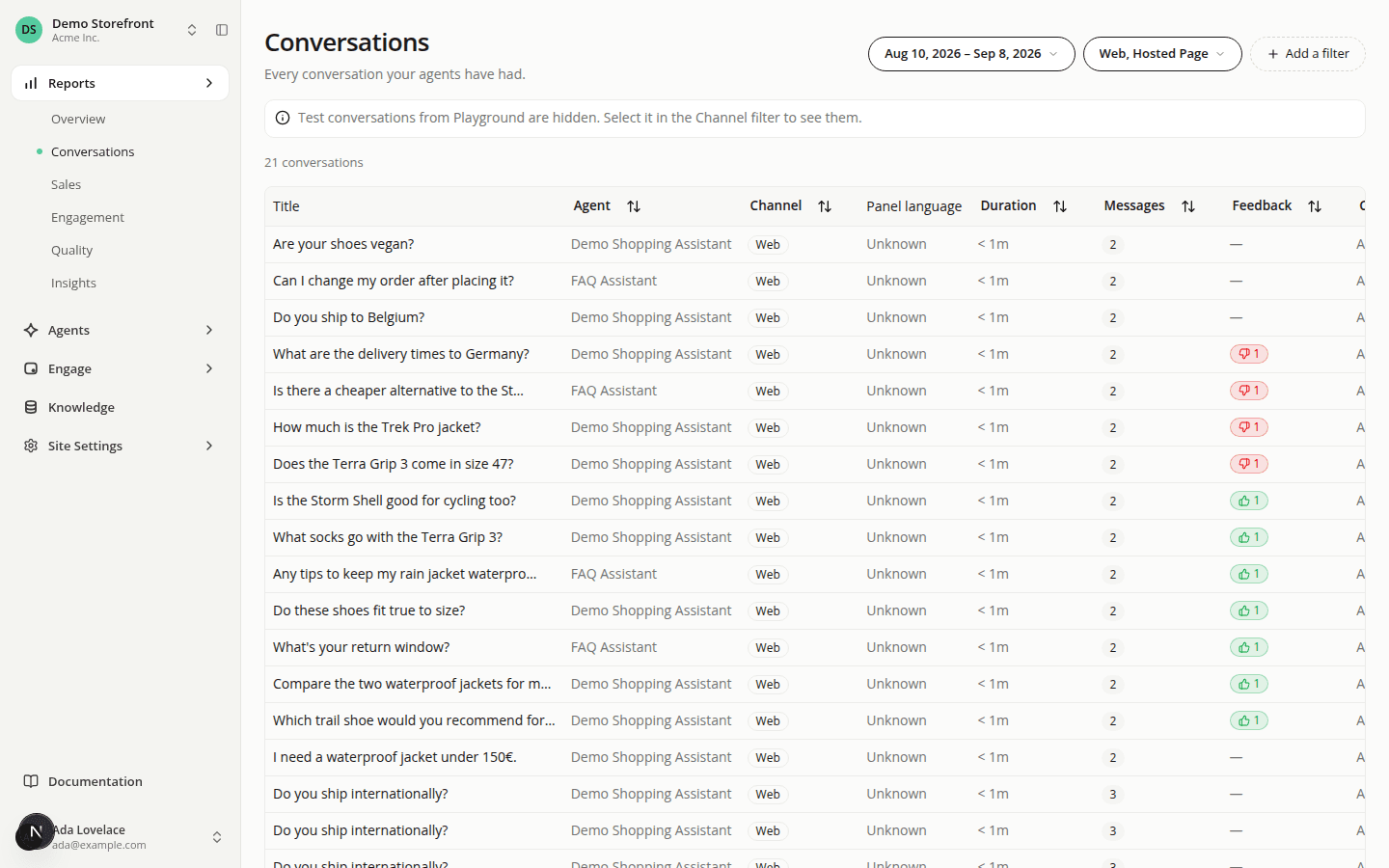 The Conversations list showing the shared filter bar (a date range set to "Aug 10, 2026 – Sep 8, 2026", Channel set to "Web, Hosted Page", and an Add a filter button), a notice that Playground conversations are hidden, and a "21 conversations" result count above the table.