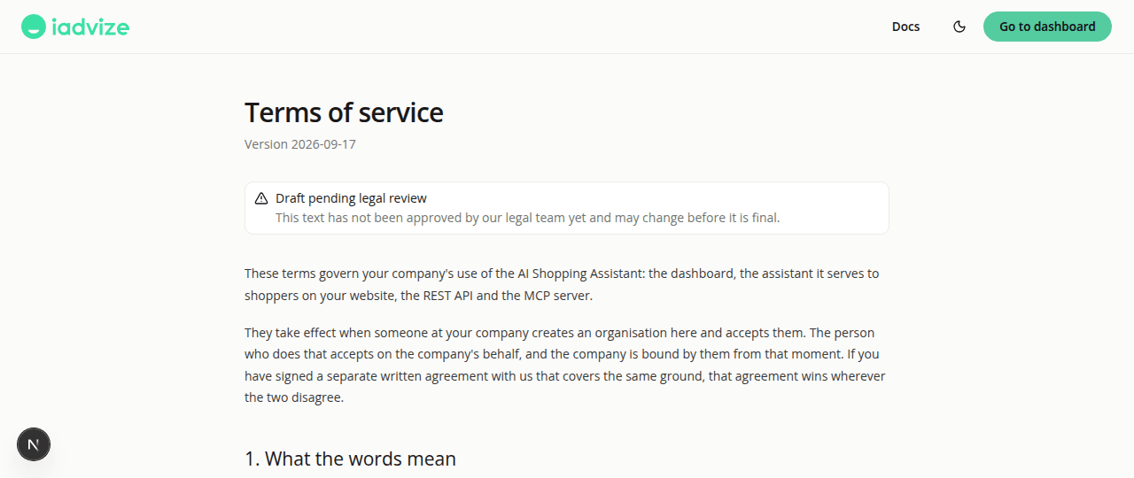 The Terms of service page, showing its version date, a banner reading "Draft pending legal review. This text has not been approved by our legal team yet and may change before it is final.", and the opening paragraphs of the terms.
