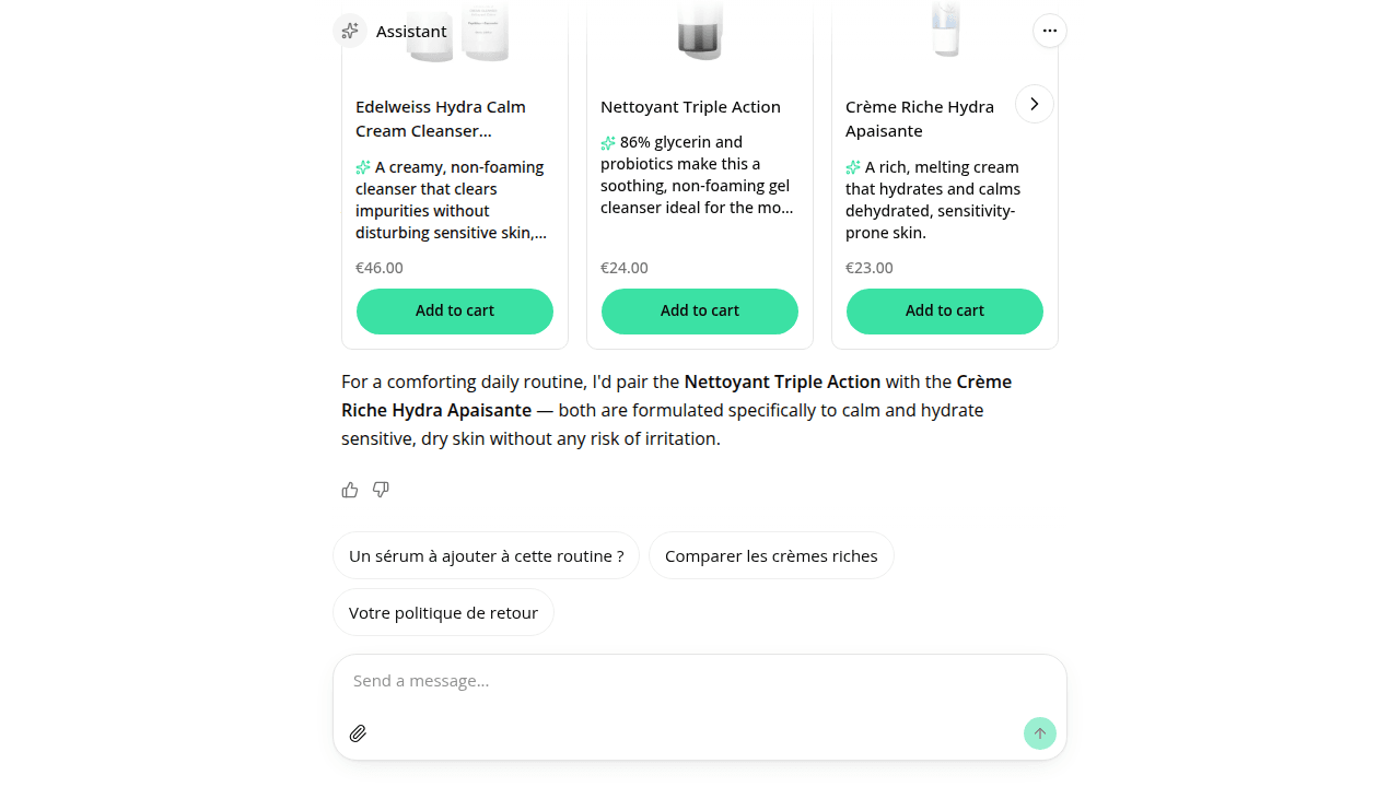 A shopper's ongoing conversation with the Oh My Cream shopping assistant, showing product cards and a routine recommendation partway through the thread.