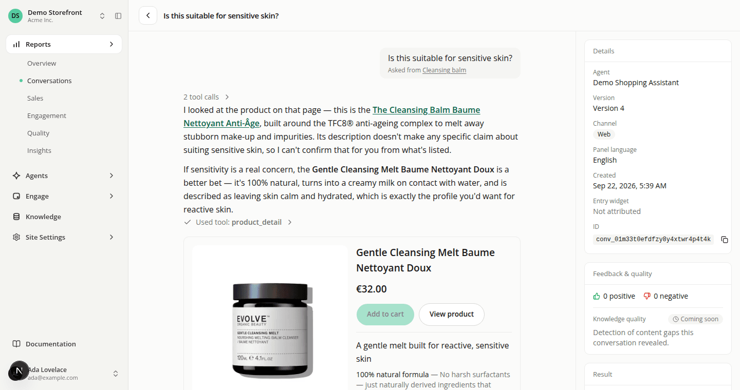 A conversation in the dashboard, where the shopper's message "Is this suitable for sensitive skin?" carries the line "Asked from Cleansing balm" underneath it, and the assistant's reply opens with "I looked at the product on that page" before recommending a product from the catalog.