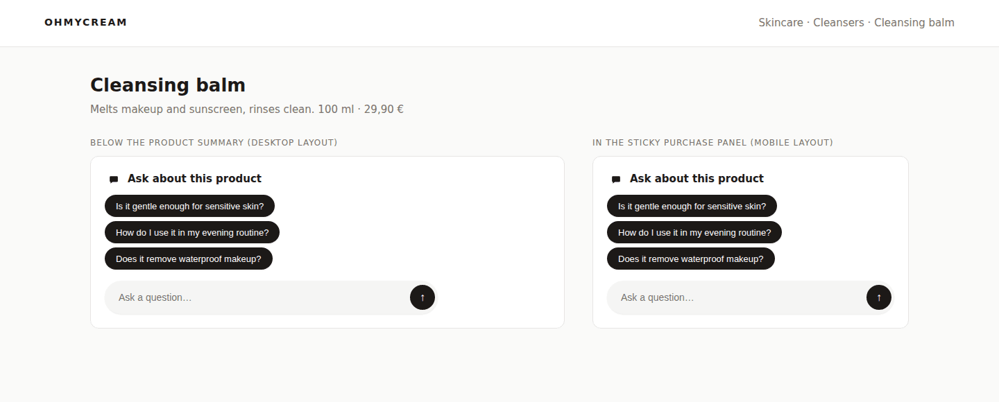 A product page with the Starters card placed twice, once below the product summary and once in the purchase panel. Both cards show the heading "Ask about this product", the same three question chips and the free-text field.
