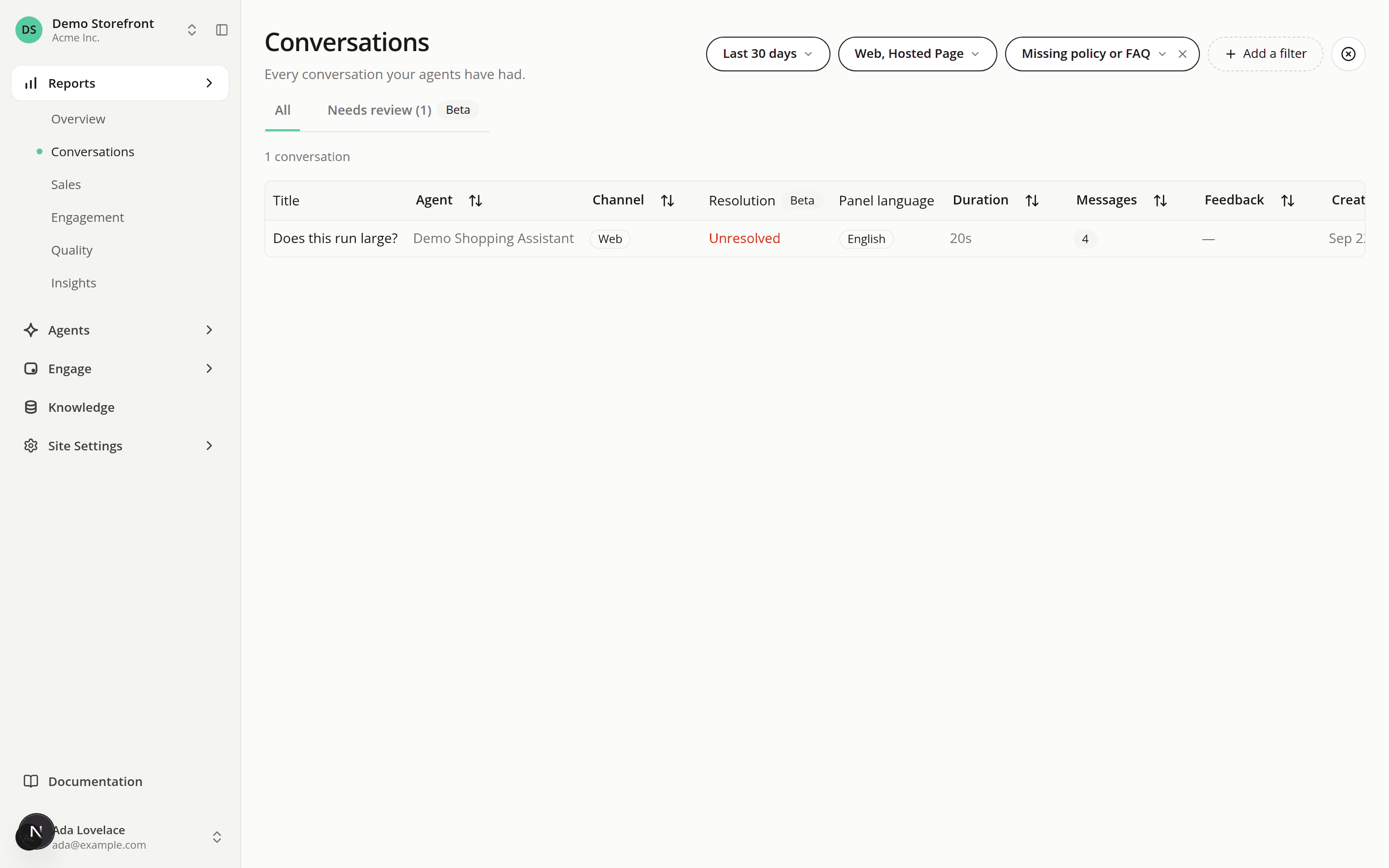 The Conversations page filtered on the issue Missing policy or FAQ. Above the table are the All tab and the Needs review tab with a Beta badge and its count, and one conversation is listed with a Resolution column showing Unresolved.