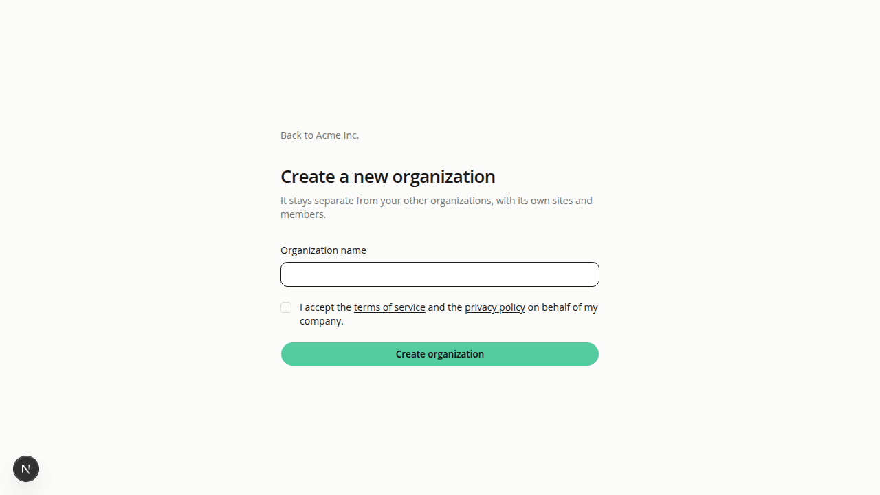 The Create a new organization page, with a Back link to the current organization, an empty Organization name field, the terms checkbox and a Create organization button.