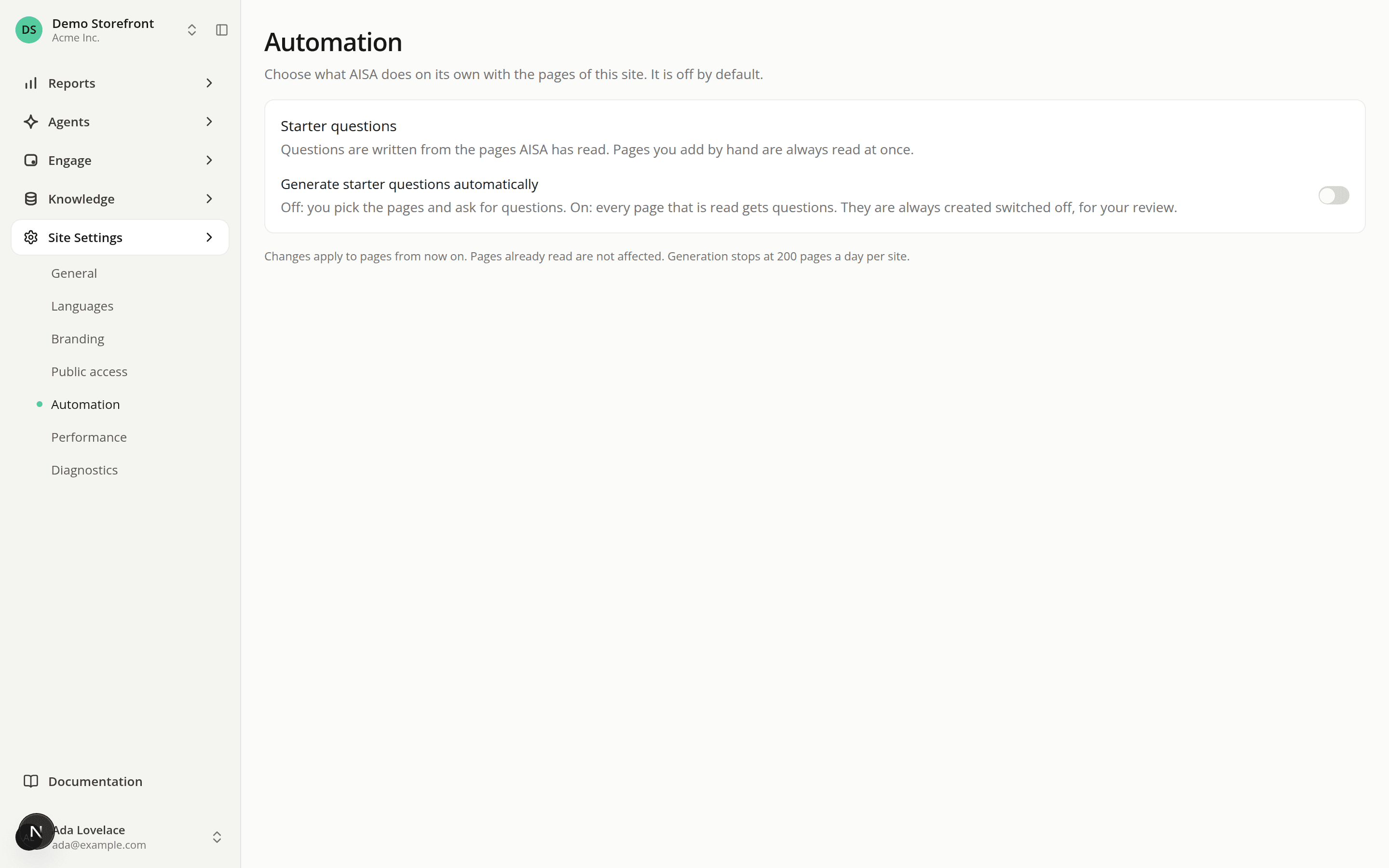 The Automation page in Site Settings, with one switch labelled Generate starter questions automatically, turned off.