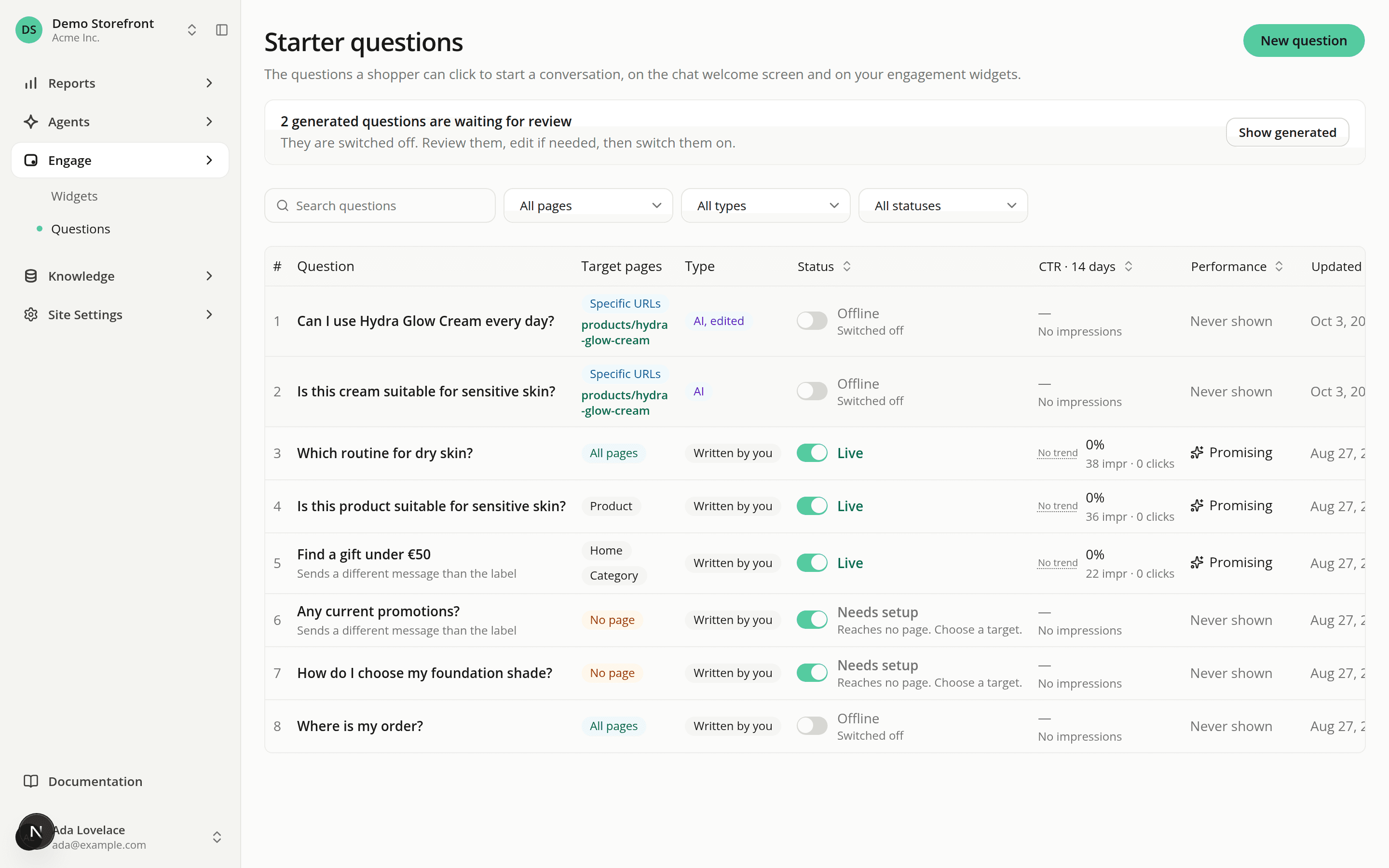 The Starter questions list with a notice saying two generated questions are waiting for review, and a Type column marking them AI. Both generated questions are switched off.