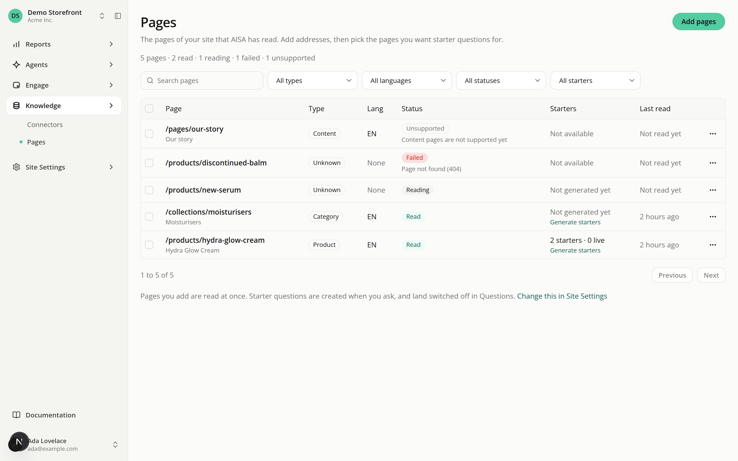 The Pages list under Knowledge for a demo store: five pages with their type, language, a Read, Reading, Failed or Unsupported status badge, the number of starter questions and when each page was last read.