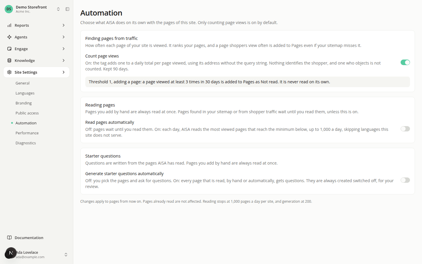The Automation page of a demo store under Site Settings, with three cards: Finding pages from traffic with Count page views switched on, Reading pages with Read pages automatically switched off, and Starter questions with Generate starter questions automatically switched off.